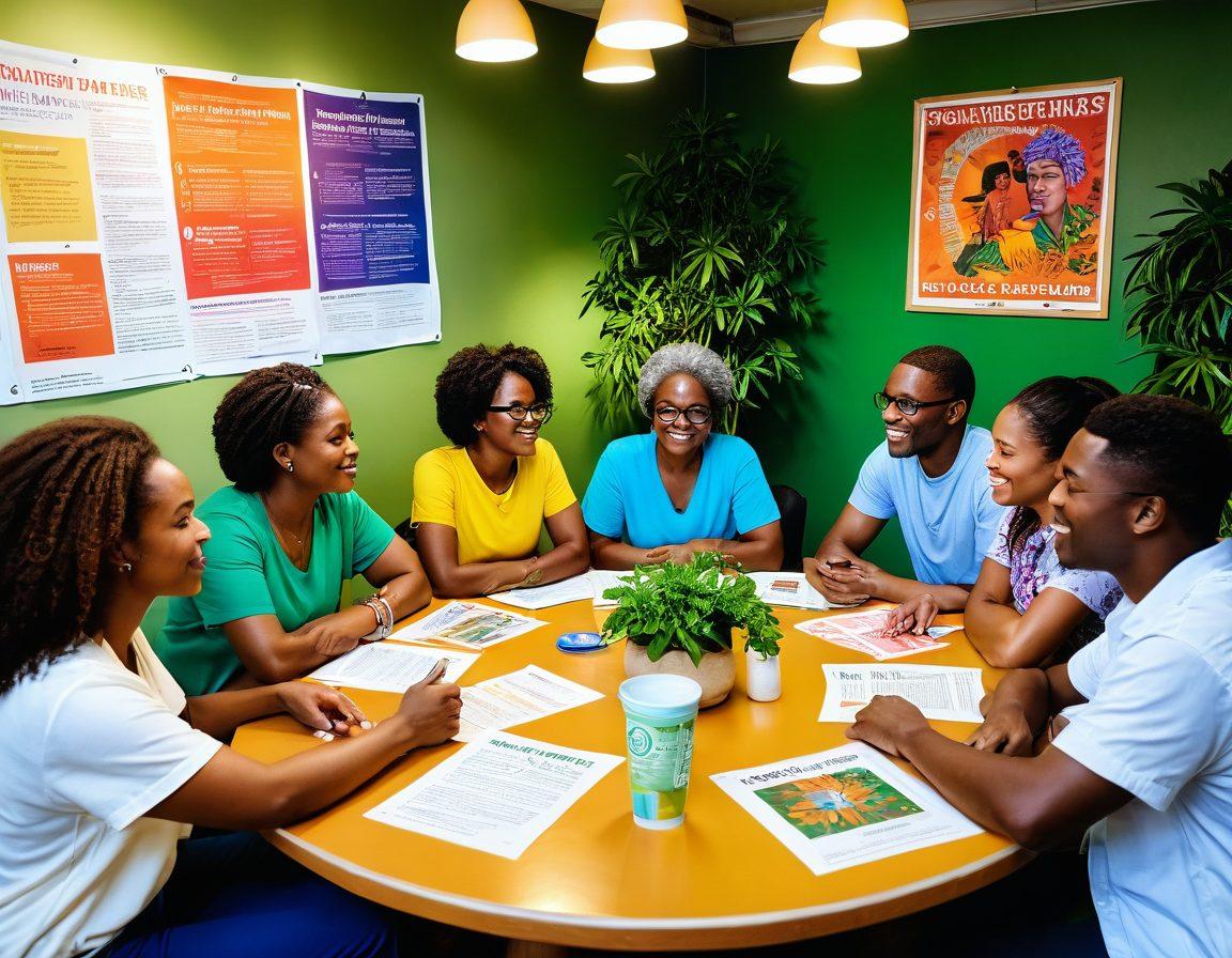 A diverse group of passionate community members engaging in a vibrant dialogue around a round table, surrounded by health advocacy materials and colorful posters promoting wellness. Lush greenery in the background symbolizes growth and support. The scene captures a sense of unity and empowerment, with warm lighting illuminating their faces. super-realistic. vibrant colors. engaging atmosphere.