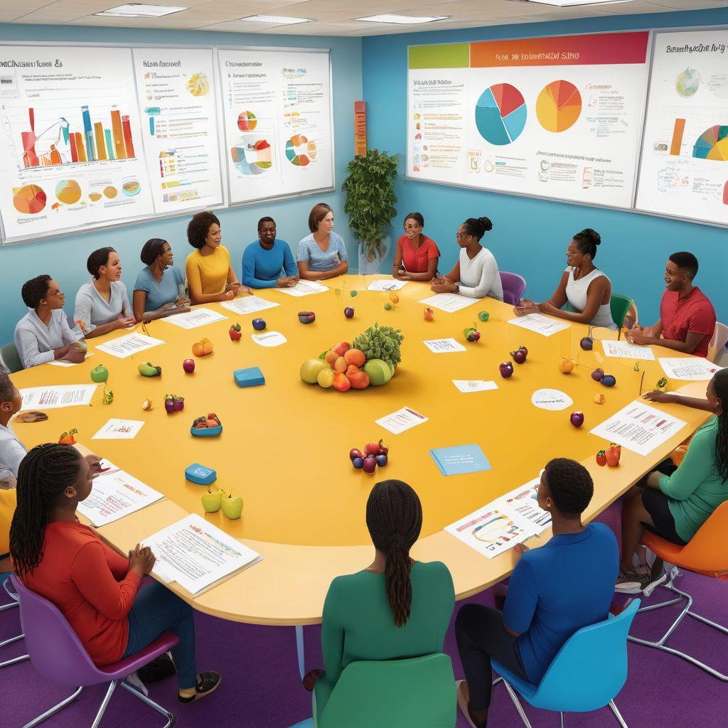 A vibrant illustration depicting a diverse group of people engaged in a health education workshop, with visuals of informative charts and health resources in the background. Incorporate elements like fruits, exercise equipment, and community members interacting harmoniously. The scene should convey empowerment and knowledge sharing as a means to improve public health. Bold colors and dynamic expressions to highlight the positive impact of education. 3D, vibrant colors.