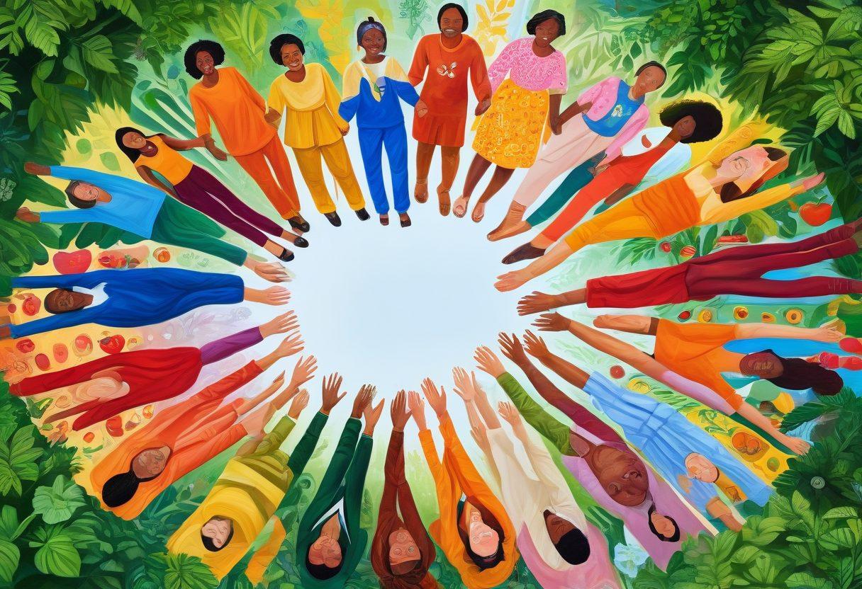 A diverse group of joyous individuals from various backgrounds holding hands in a circle, surrounded by symbols of health and wellness like fruits, vegetables, and medical icons, set against a vibrant community landscape with greenery and colorful murals. The atmosphere radiates unity and empowerment, with uplifting colors and thoughtful expressions. super-realistic. vibrant colors. community-focused.